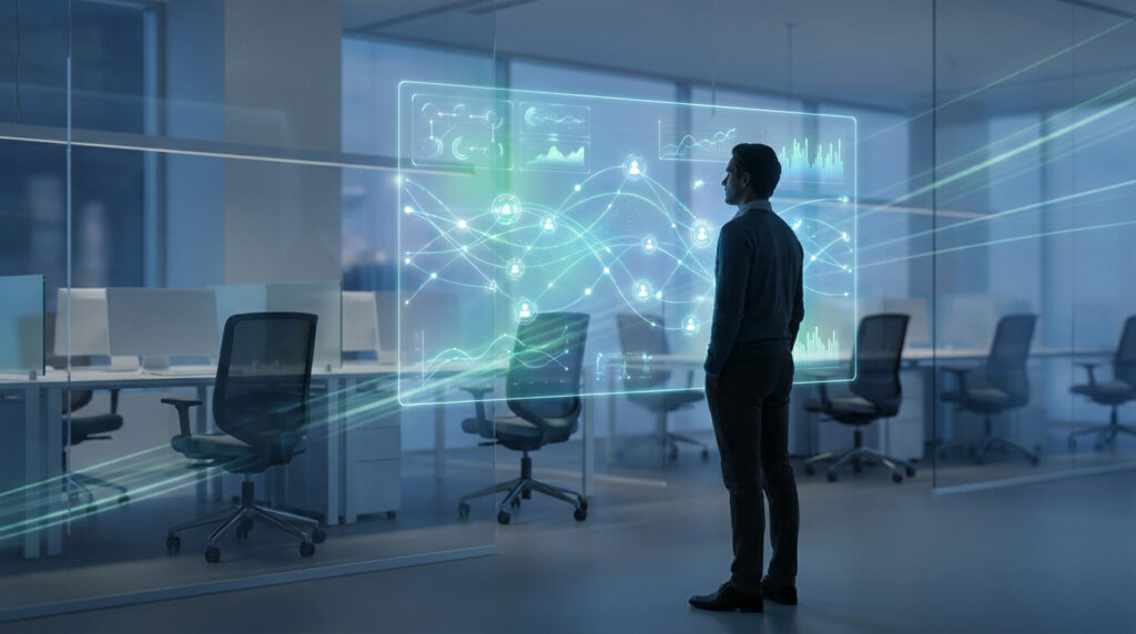 Un homme d'affaires regarde un écran holographique futuriste affichant des données et des connexions réseau dans un bureau.