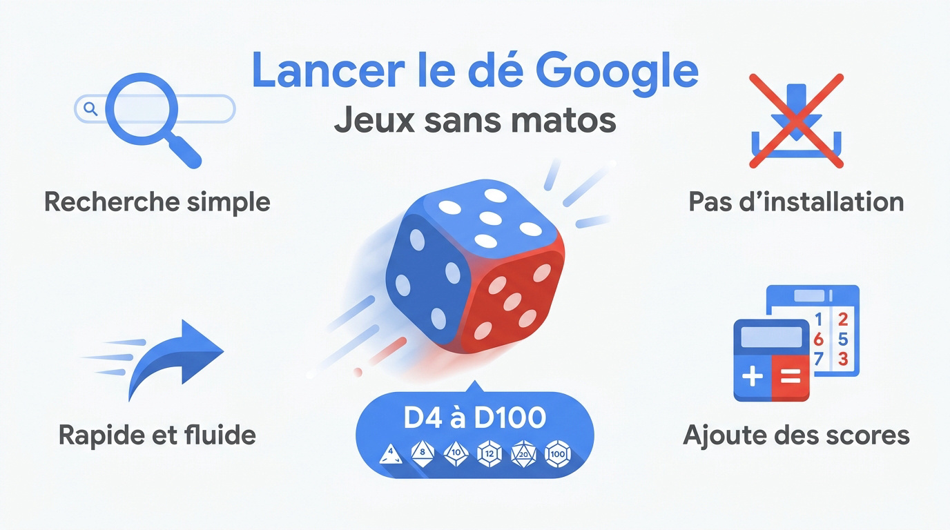 Interface numérique affichant des dés virtuels colorés pour jouer en ligne