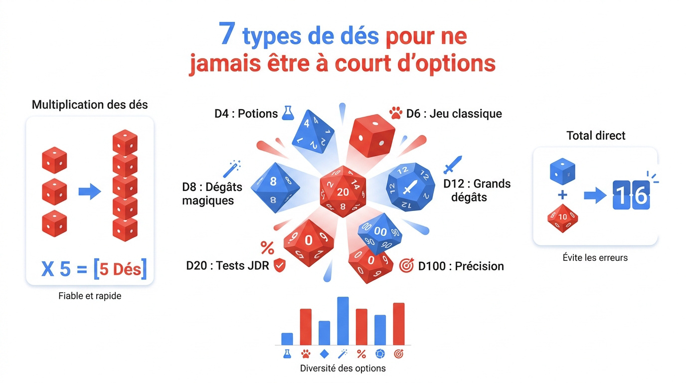 Illustration des différents types de dés polyédriques pour le jeu de rôle et les jeux de société