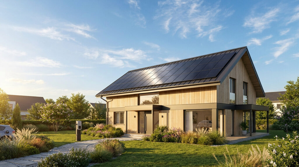 Maison en bois contemporaine avec panneaux solaires sur le toit et borne de recharge pour voiture électrique au jardin.