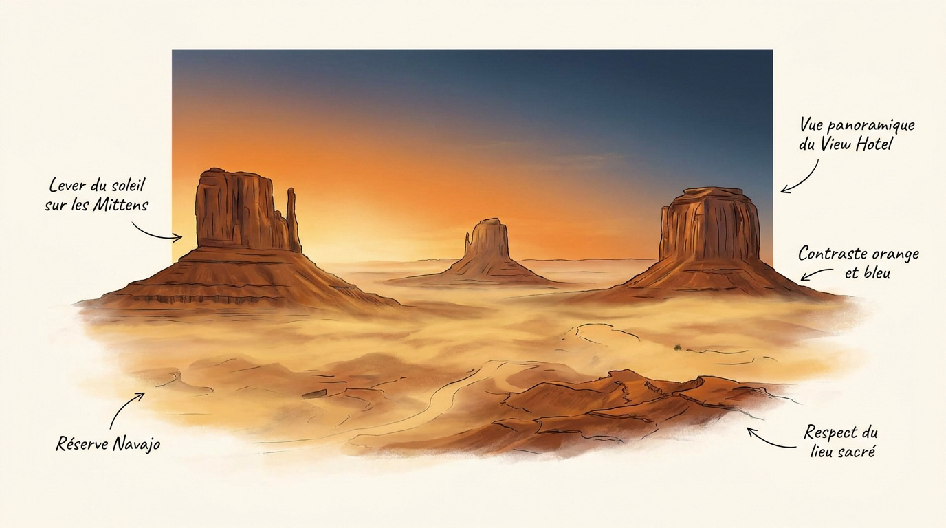 Lever de soleil spectaculaire sur les buttes de grès rouge à Monument Valley