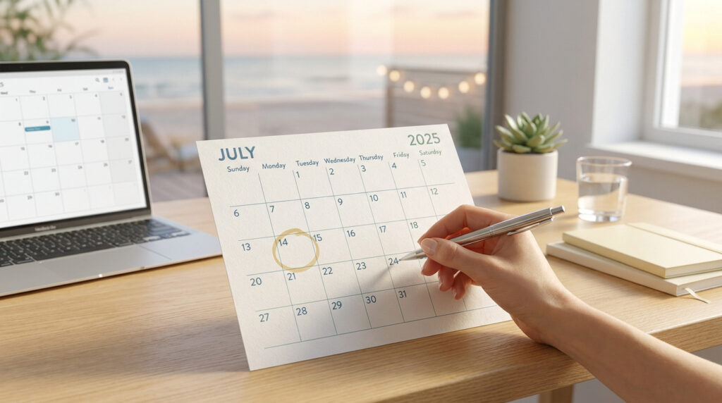 Une main utilisant un stylo pour marquer une date sur un calendrier de juillet 2025 posé sur un bureau.