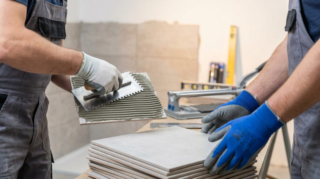 Deux ouvriers en tenue de travail appliquent de la colle sur un carreau avec une spatule crantée sur un chantier.