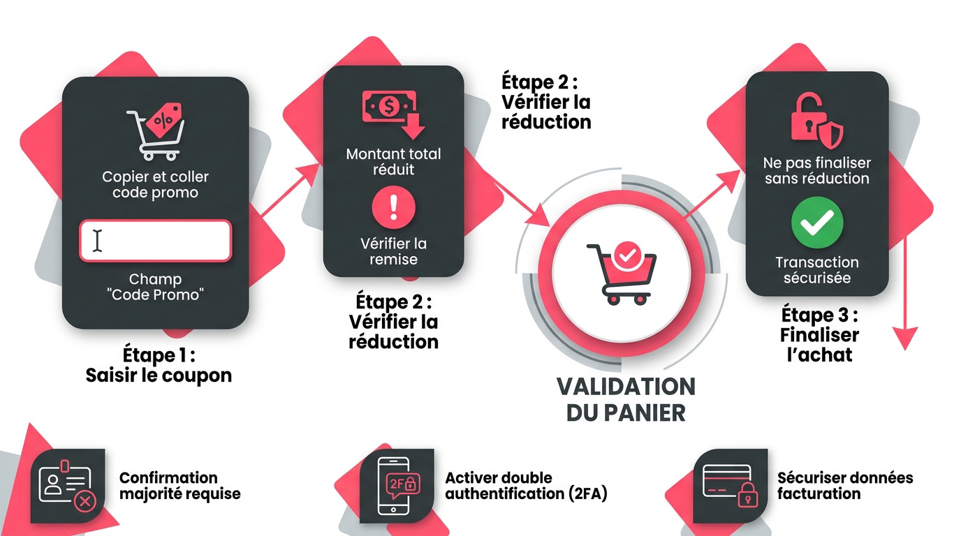 Processus de validation de panier avec code promo et sécurité du compte