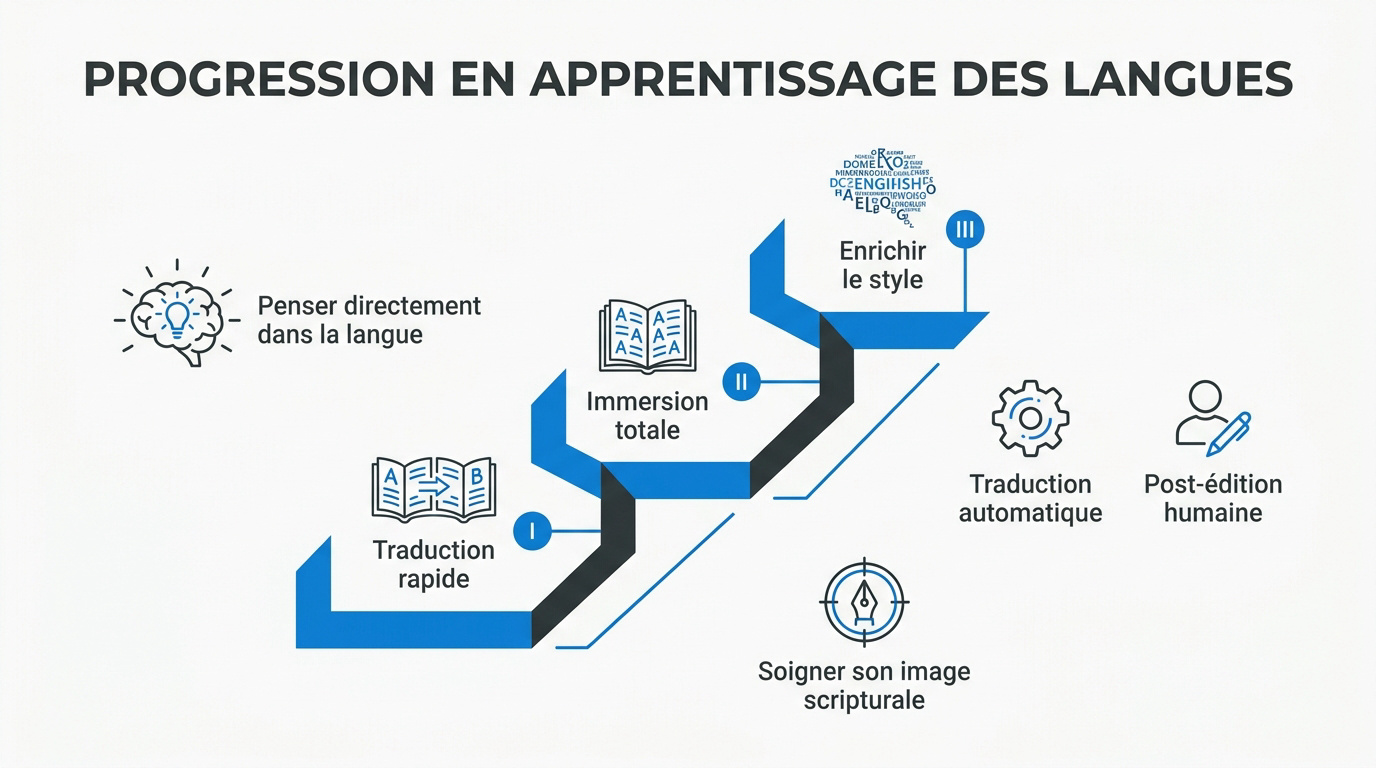 Infographie montrant les étapes de progression dans l'apprentissage d'une langue avec divers outils linguistiques