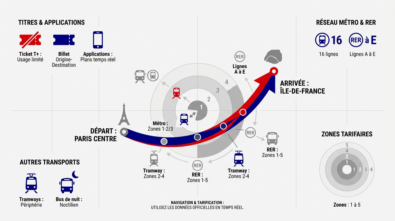 Plan du réseau de transport en Île-de-France incluant métro et RER