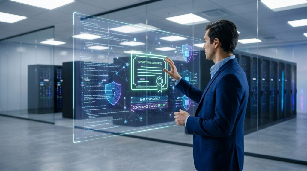 Un expert en cybersécurité interagissant avec une interface numérique holographique dans un centre de données sécurisé.