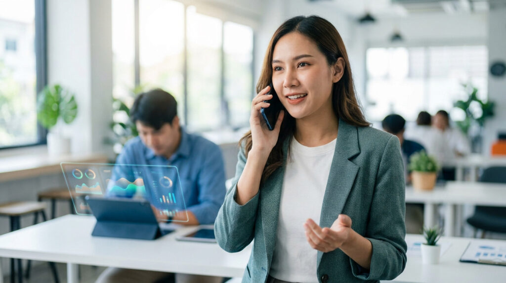 Une femme d'affaires souriante téléphone dans un bureau moderne avec des graphiques holographiques en arrière-plan.
