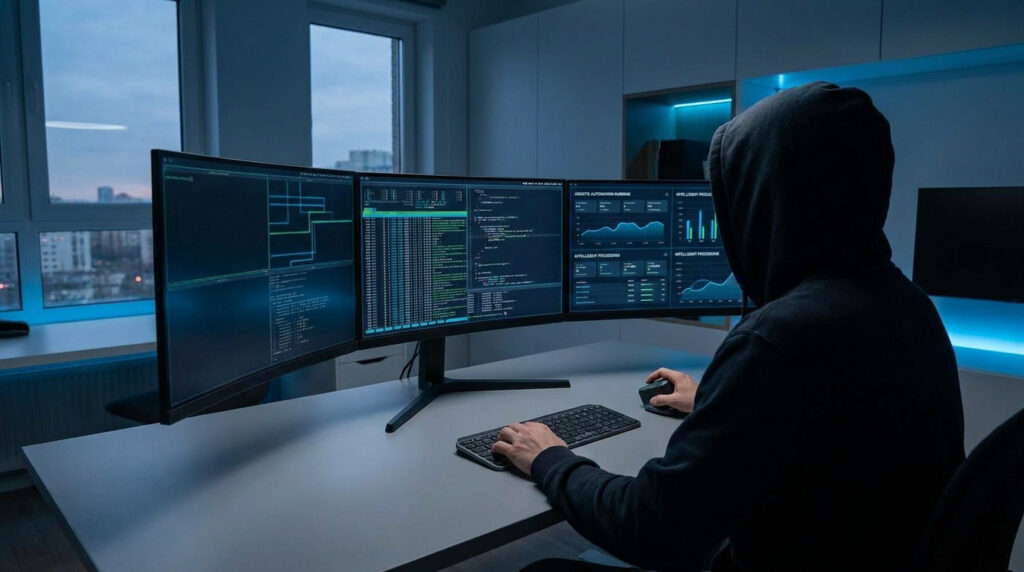 Un utilisateur en sweat à capuche travaille sur trois écrans affichant du code et des graphiques dans un bureau moderne.
