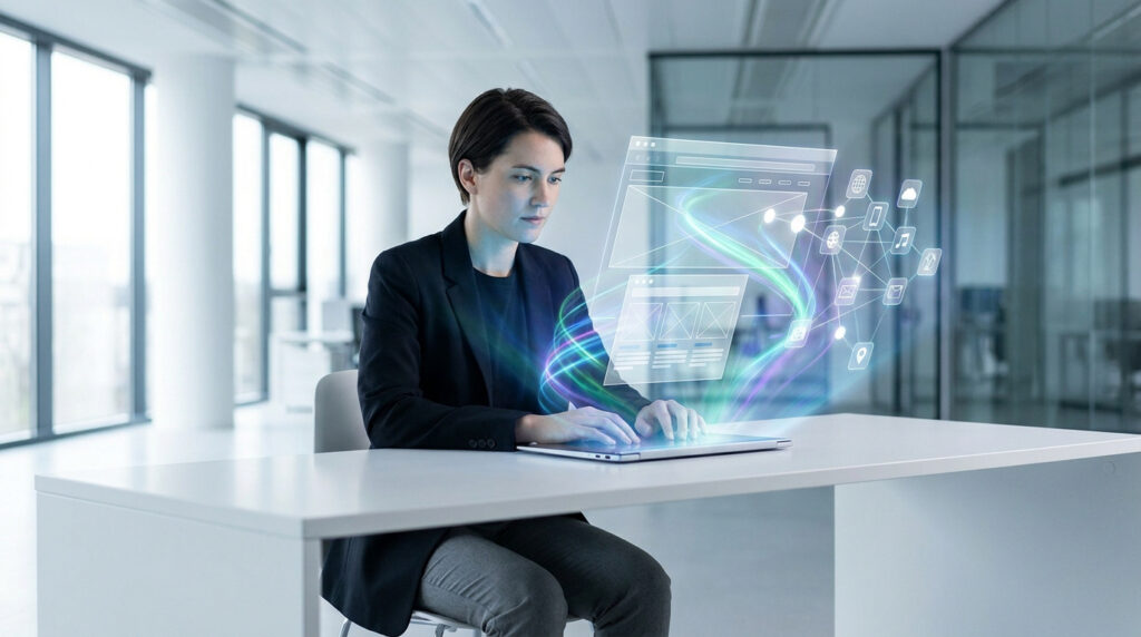 Une femme utilise un ordinateur portable projetant une interface holographique de développement d'applications.