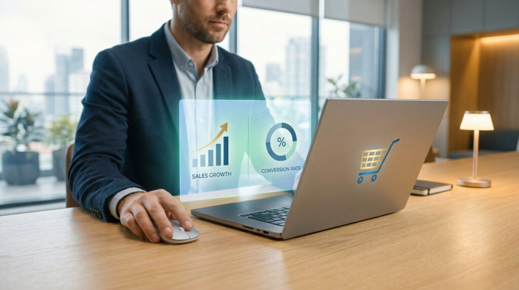 Homme d'affaires travaillant sur un ordinateur affichant des indicateurs de croissance e-commerce en hologramme.