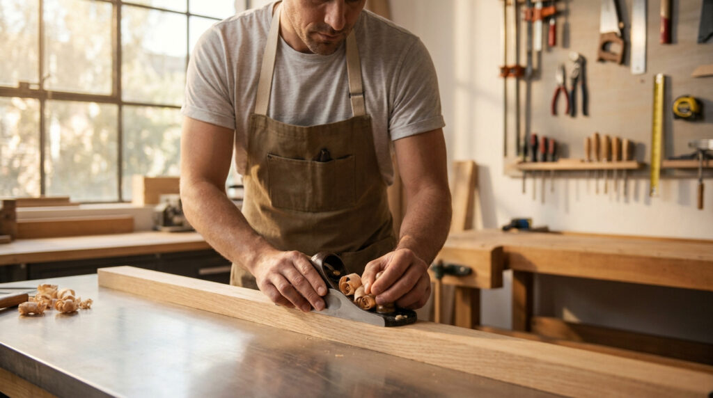 Un menuisier utilisant un rabot manuel sur une pièce de bois dans son atelier professionnel.
