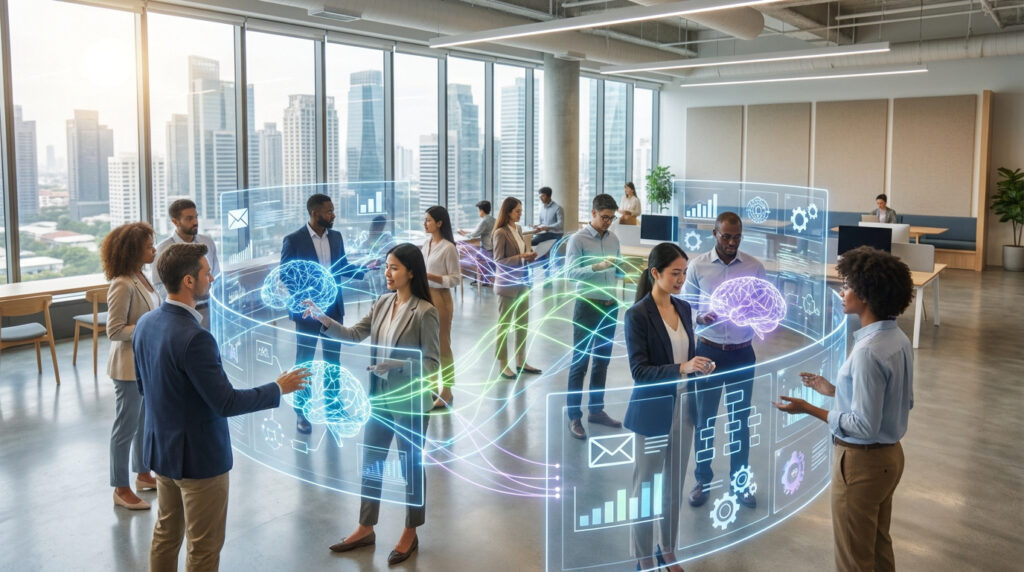Équipe en réunion dans un bureau moderne interagissant avec des interfaces numériques holographiques représentant une IA.
