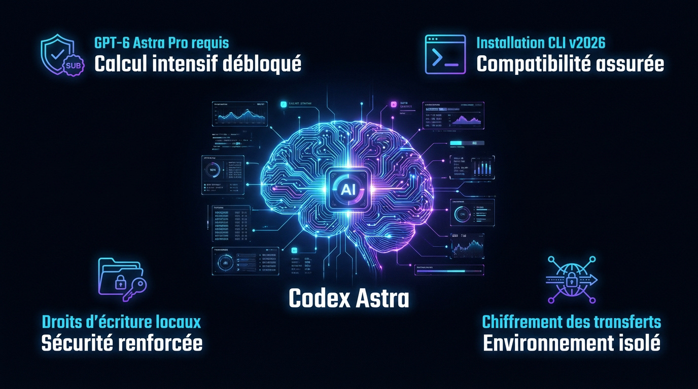 Interface futuriste de l'agent Codex Astra montrant des protocoles de sécurité avancés et du code informatique