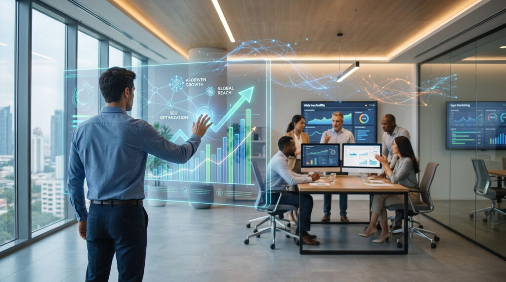 Un professionnel utilise une interface holographique futuriste pour analyser des données de croissance et de SEO.