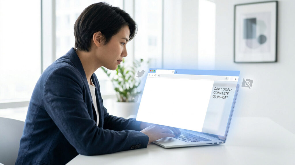 Une femme concentrée devant un ordinateur affichant une interface d'extension Chrome de productivité.