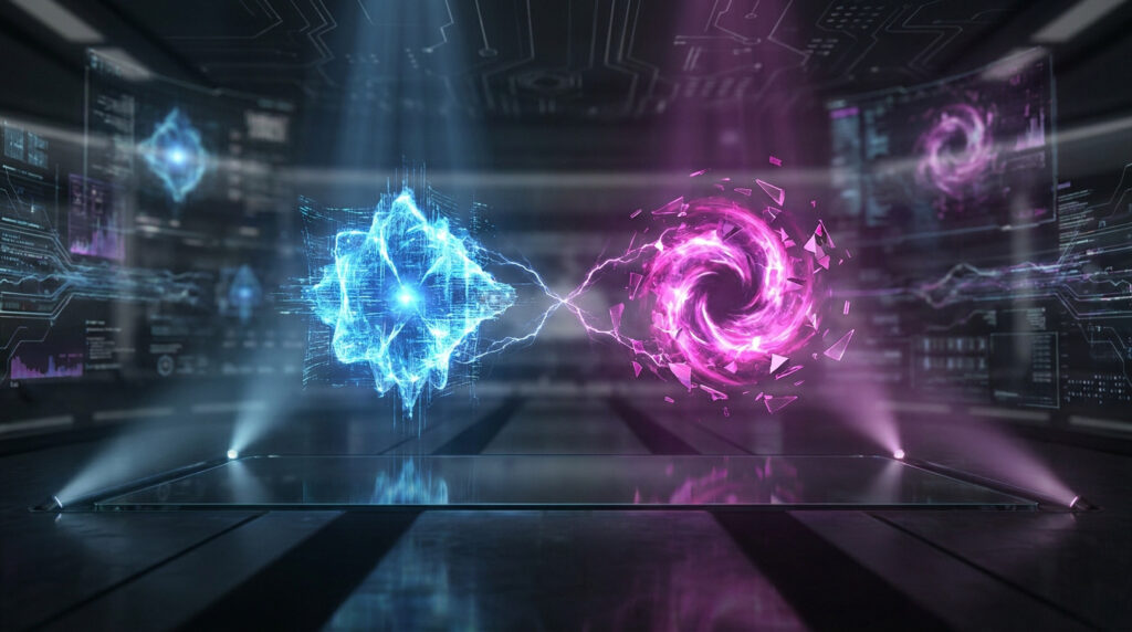 Un environnement technologique futuriste montrant une confrontation entre une sphère d'énergie bleue et une vortex rose.