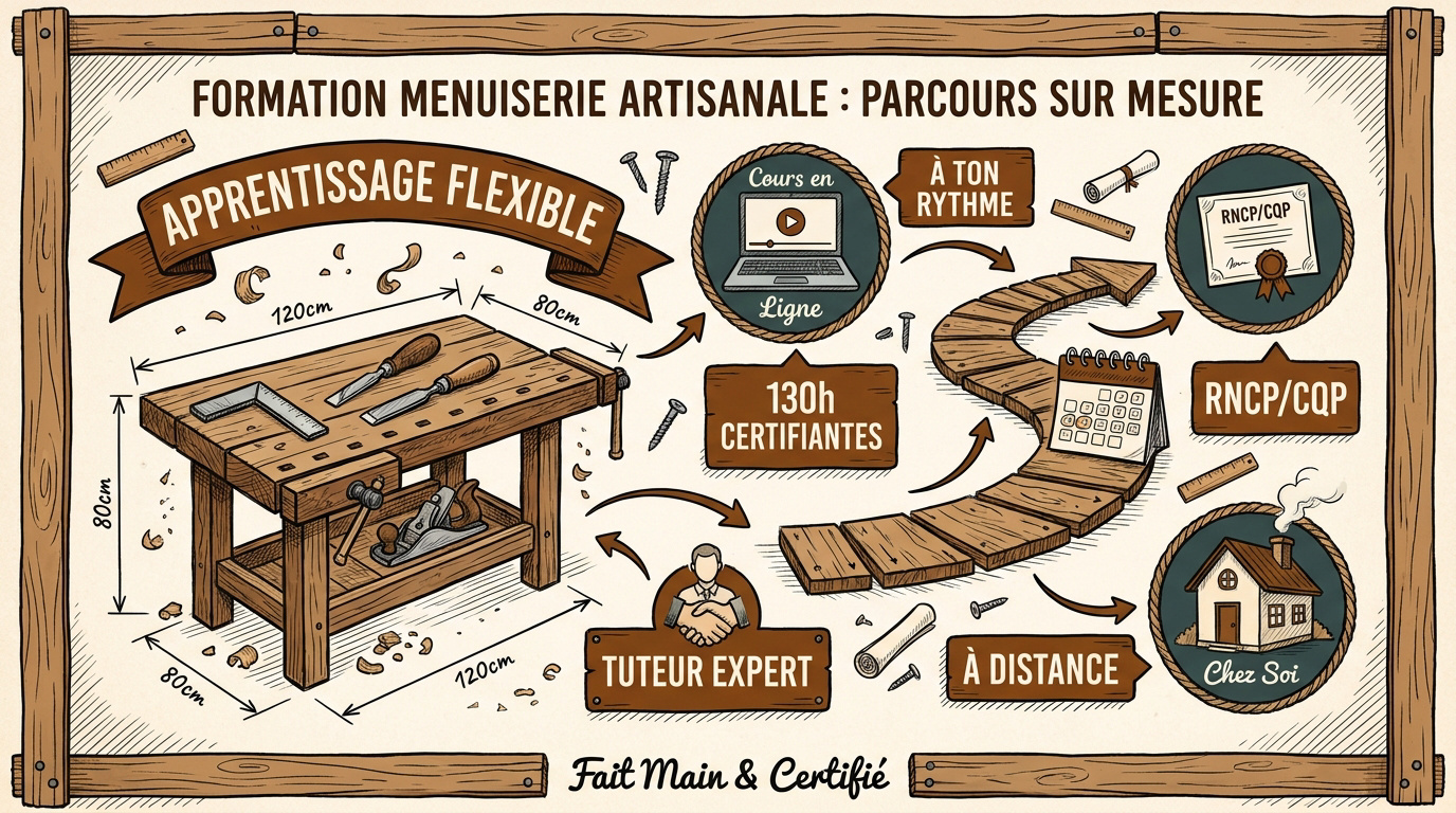 Apprenti menuisier travaillant le bois lors d'une formation à distance