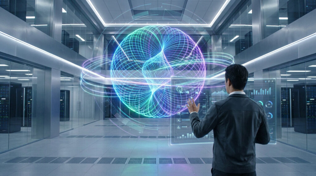 Un professionnel interagit avec une interface holographique complexe au centre d'un centre de données futuriste.