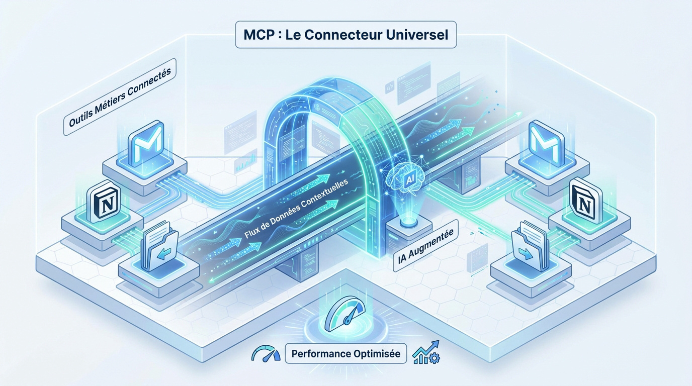 Schéma du protocole MCP reliant l'intelligence artificielle aux logiciels d'entreprise comme Gmail et Notion