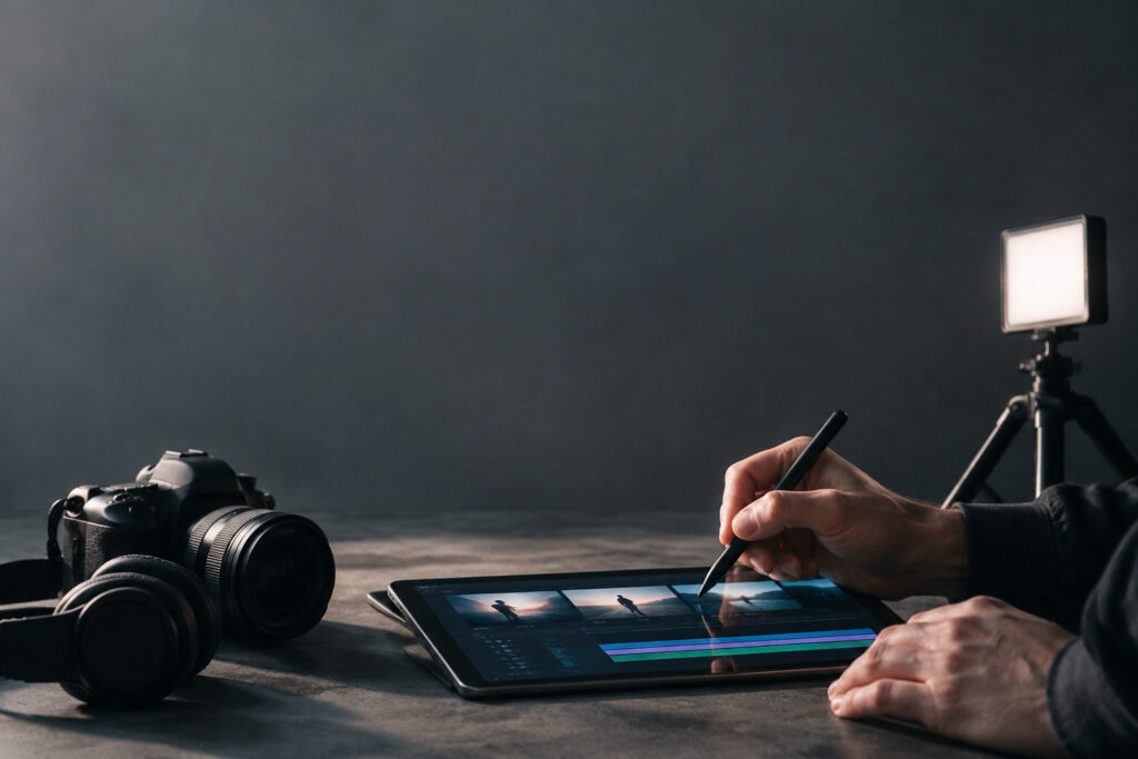 Main utilisant un stylet sur tablette pour le montage vidéo avec appareil photo et casque sur un bureau sombre.