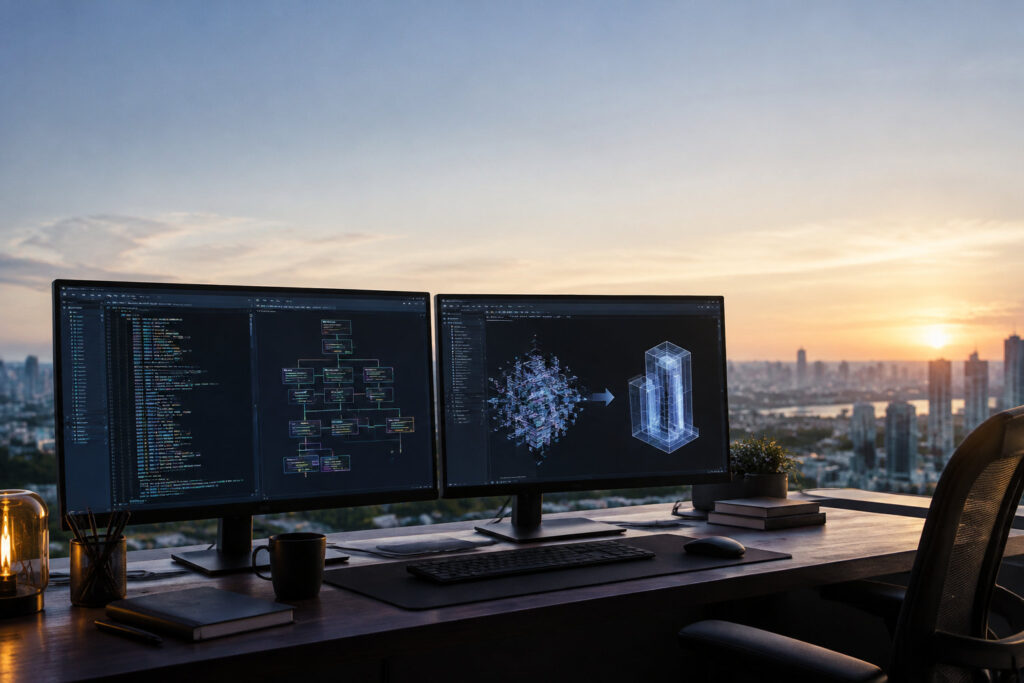 Écrans affichant du code et des modèles 3D complexes dans un bureau avec vue sur une ville au coucher du soleil.