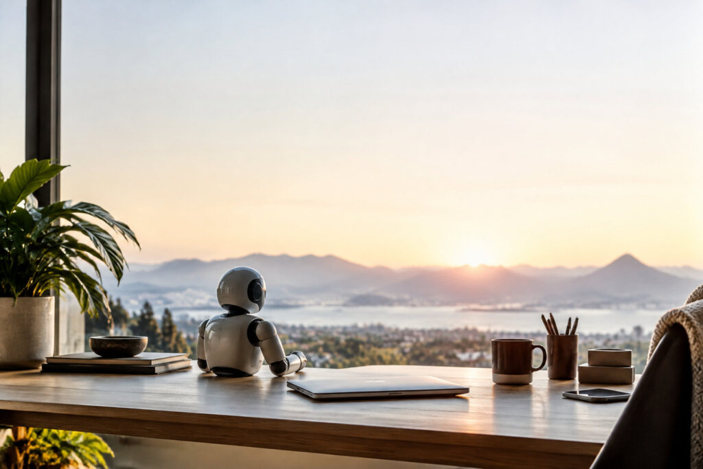 Un petit robot humanoïde est assis sur un bureau face à une vue panoramique sur des montagnes au coucher du soleil.