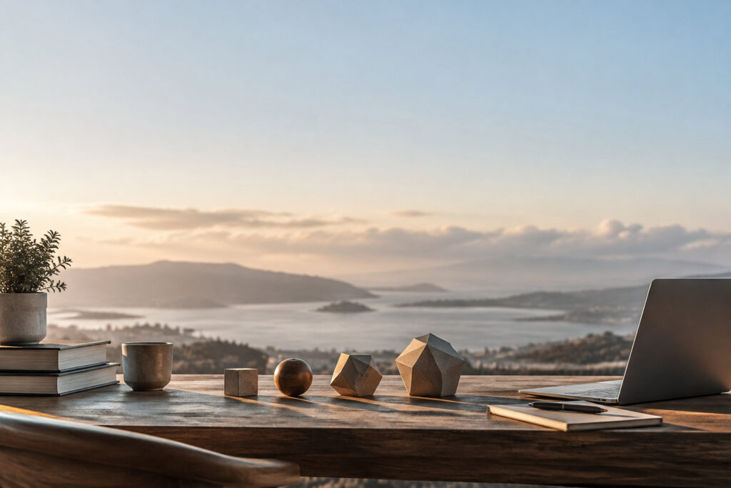 Bureau en bois avec ordinateur, carnets, plantes et objets géométriques face à une vue panoramique sur un lac au crépuscule.