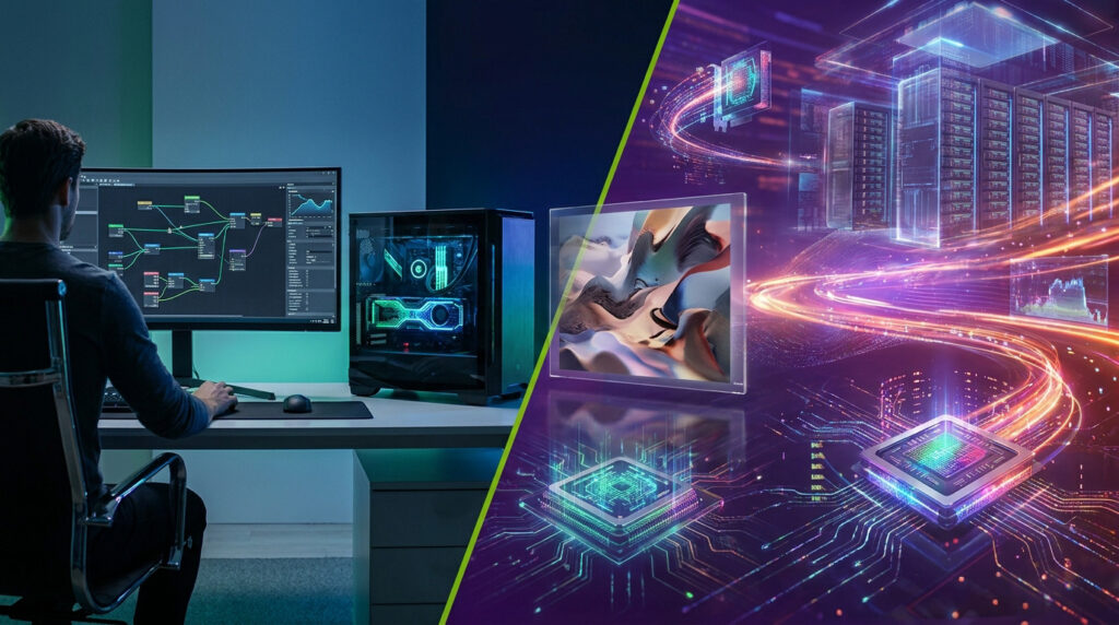 Comparaison visuelle entre un utilisateur travaillant sur un PC local et une infrastructure de serveurs cloud haute puissance.