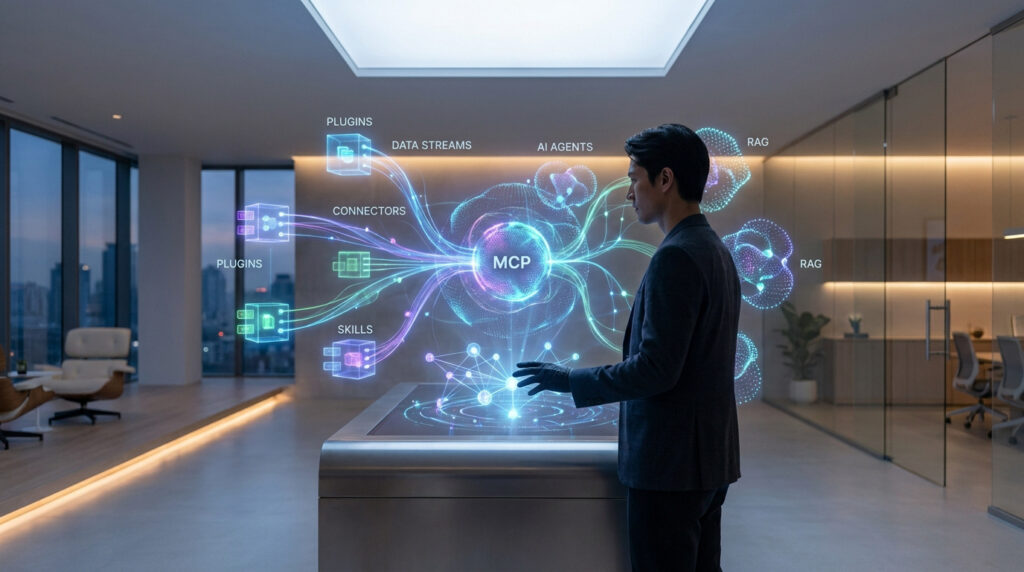 Un homme interagit avec une interface holographique futuriste affichant les concepts clés de l'IA comme MCP, RAG et Agents.