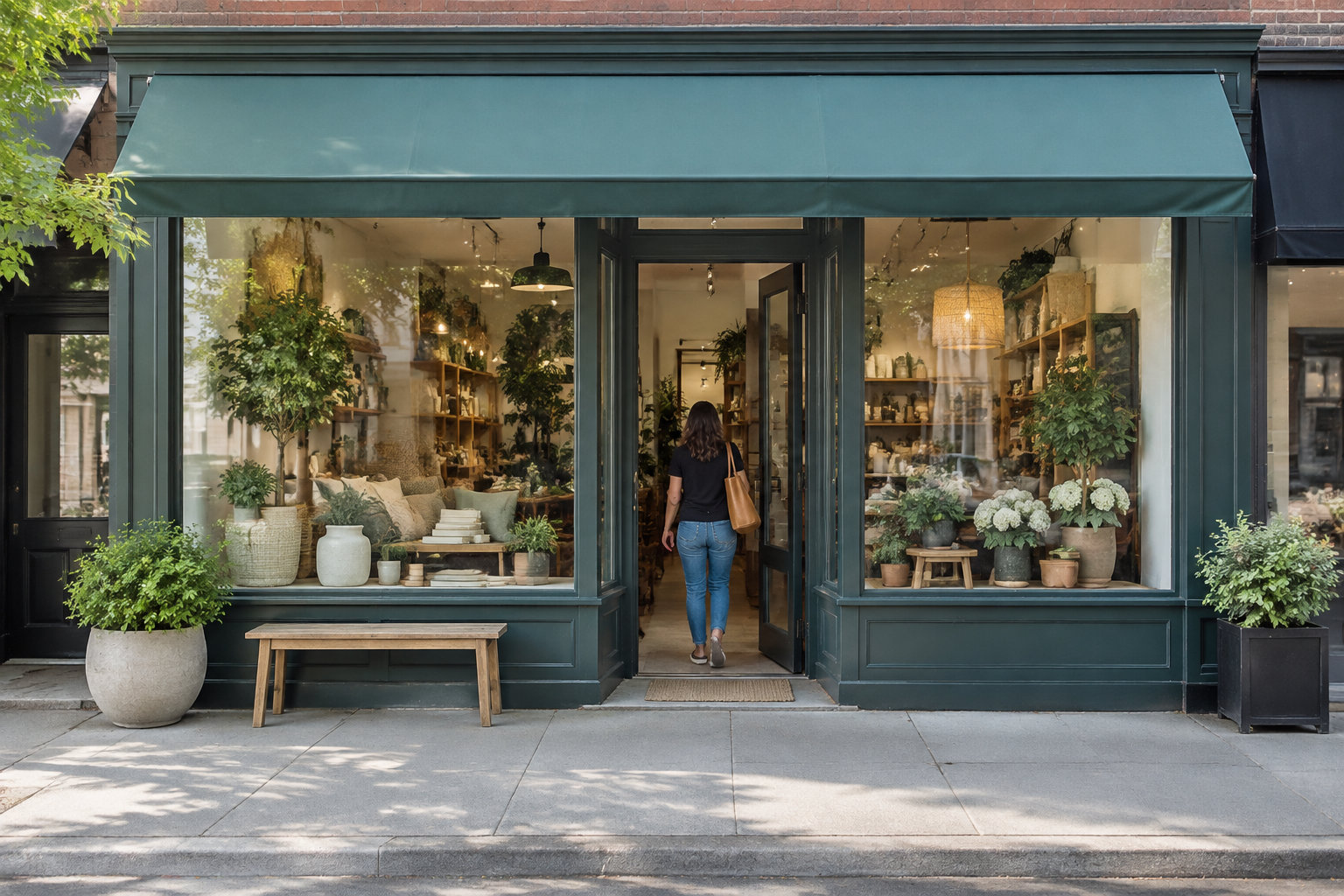 Une femme entre dans une boutique dont la vitrine présente des plantes, des fleurs et des objets décoratifs.