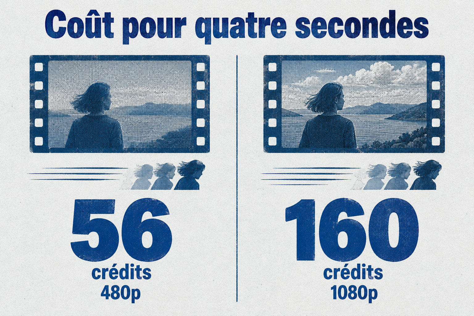 Pour un clip de quatre secondes avec Seedance 2.0, le tarif indiqué est de 56 crédits en 480p et de 160 crédits en 1080p.