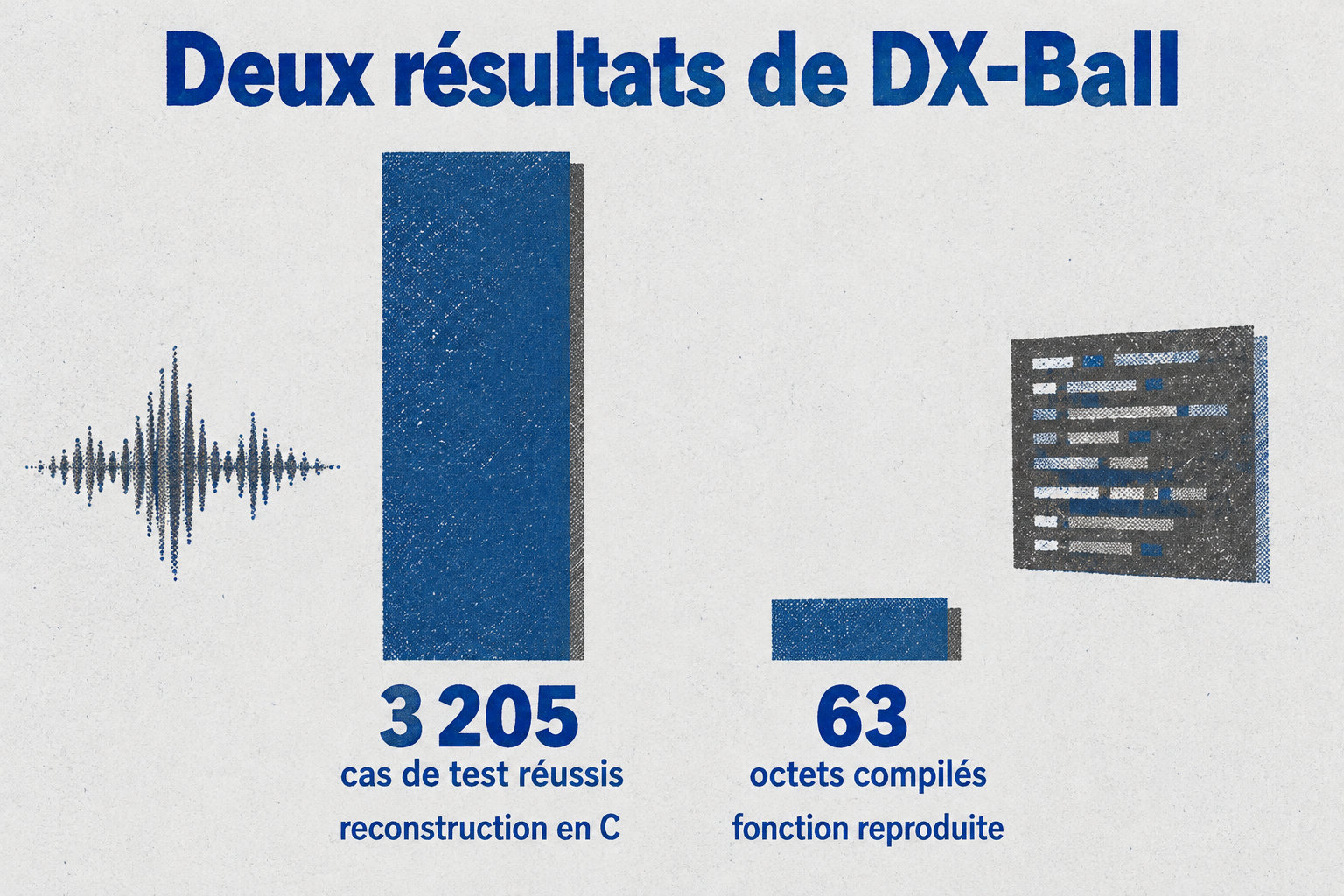 Pour DX-Ball, la reconstruction en C passe 3 205 cas de test réussis et reproduit 63 octets compilés de la fonction.
